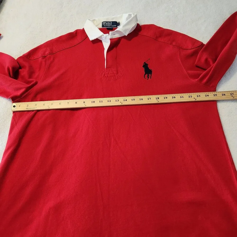 Vintage Polo Ralph Lauren Mens Red Rugby Long Sleeve Shirt Big Pony Size L